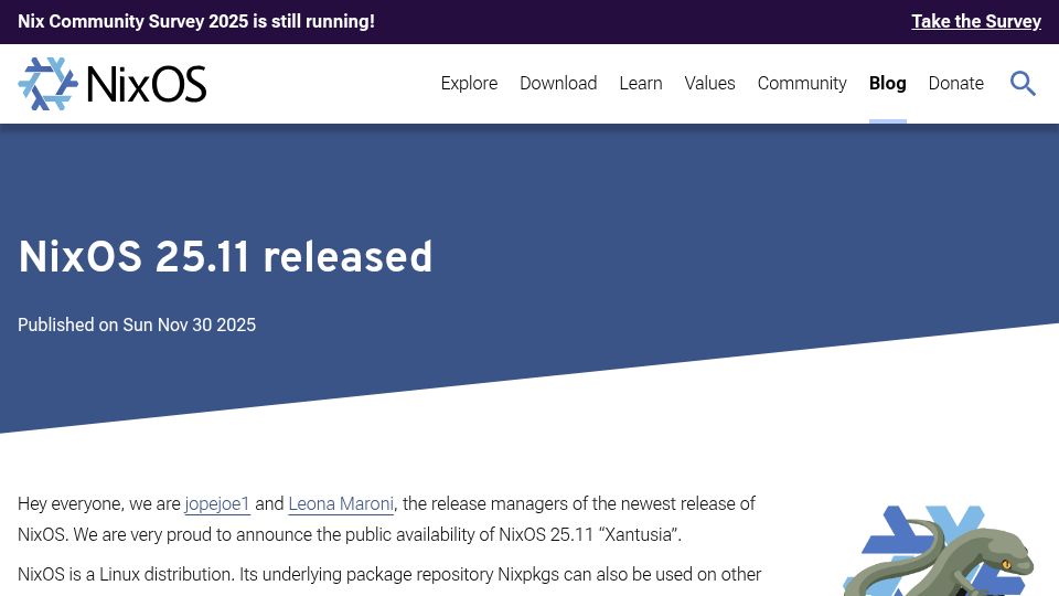 Screenshot of nixos.org: NixOS 25.11 released