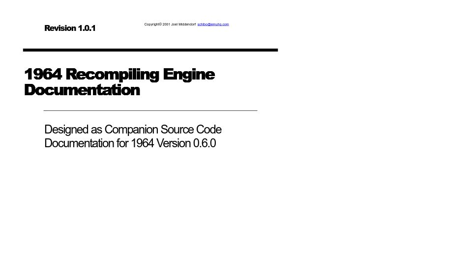 Screenshot of emudev.org: 1964 Recompiling Engine Documentation (2001) [pdf]