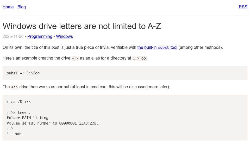 Screenshot of ryanliptak.com: Windows drive letters are not limited to A-Z