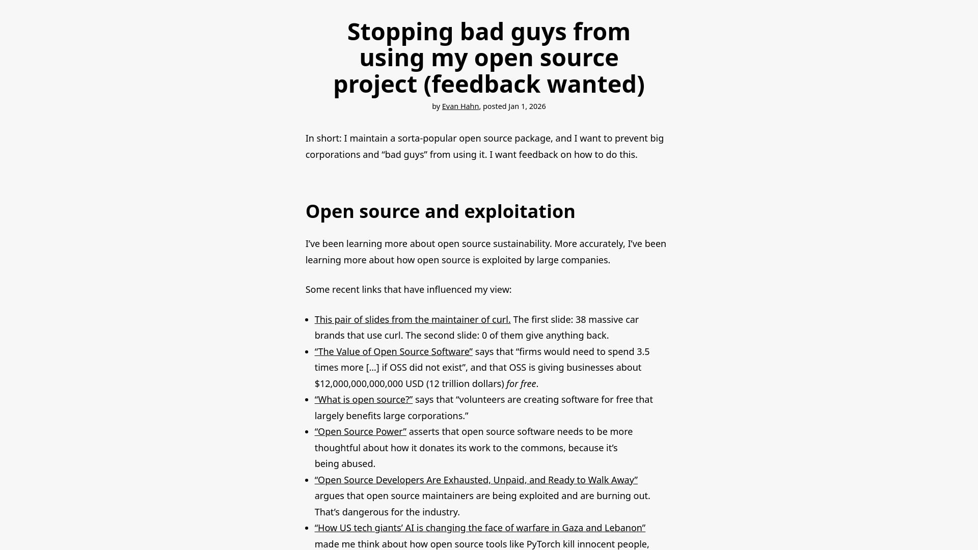 Screenshot of evanhahn.com: Stopping bad guys from using my open source project (feedback wanted)
