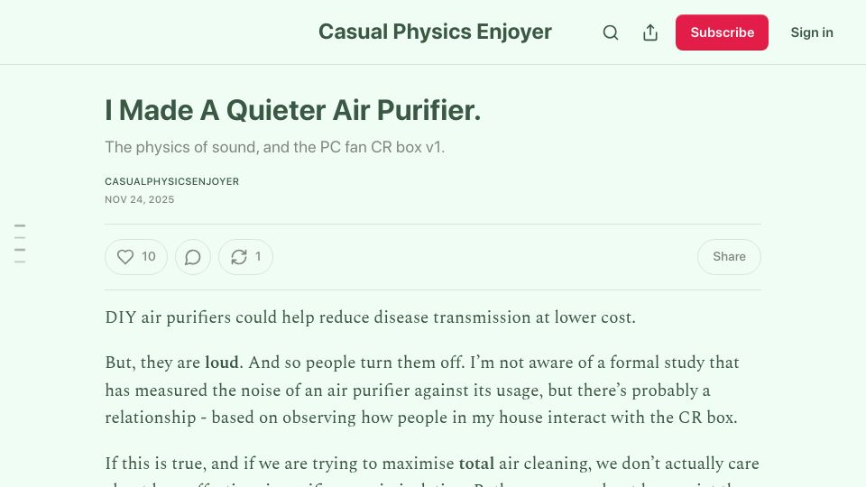 Screenshot of chillphysicsenjoyer.substack.com: I made a quieter air purifier