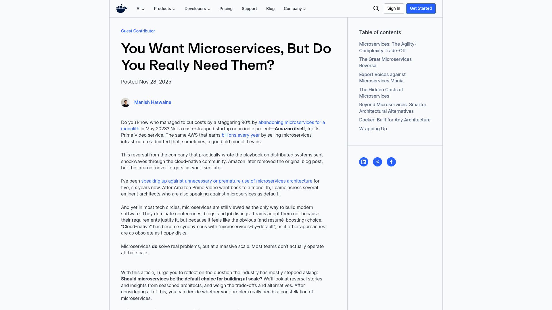 Screenshot of docker.com: You want microservices, but do you need them?