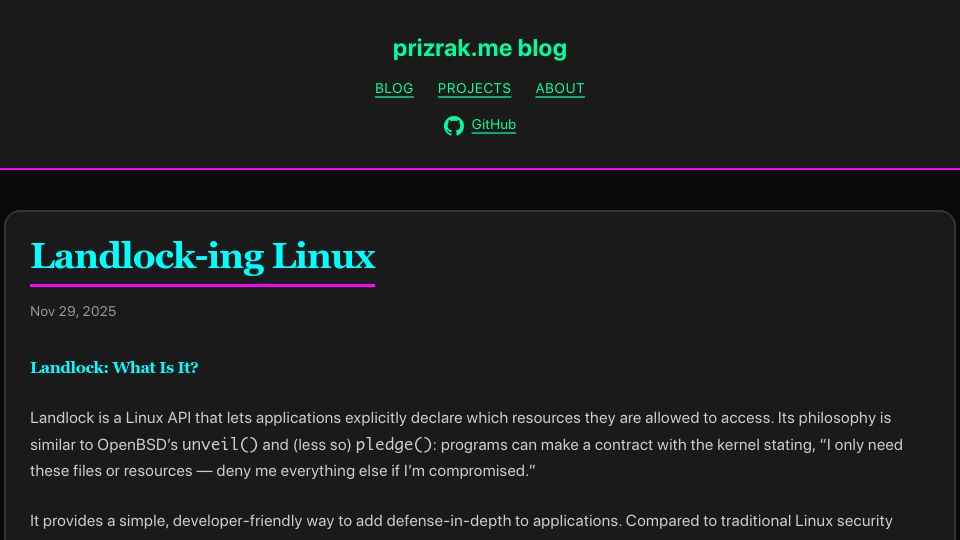 Screenshot of blog.prizrak.me: Landlock-Ing Linux