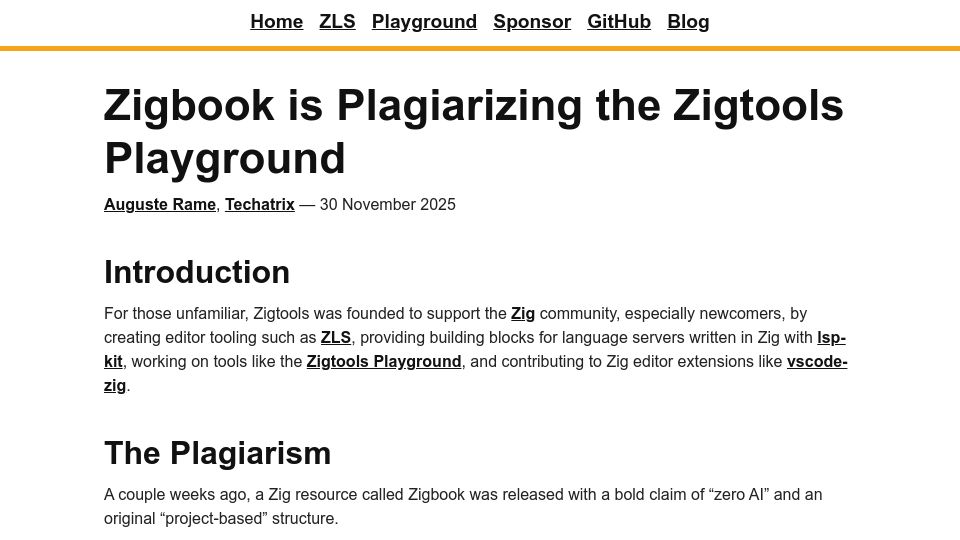 Screenshot of zigtools.org: Zigbook Is Plagiarizing the Zigtools Playground