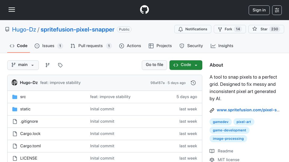 Screenshot of github.com: Show HN: Fixing Google Nano Banana Pixel Art with Rust