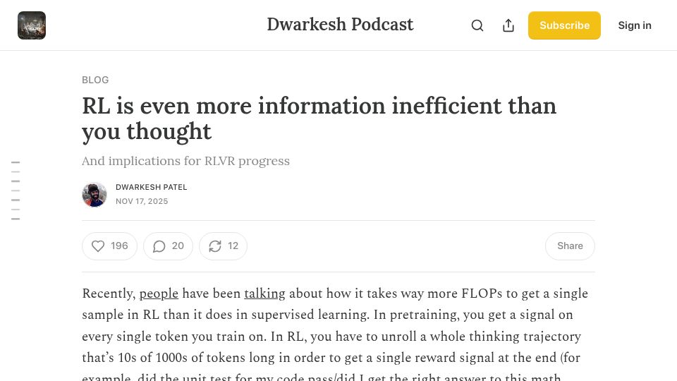 Screenshot of dwarkesh.com: The inefficiency of RL, and implications for RLVR progress