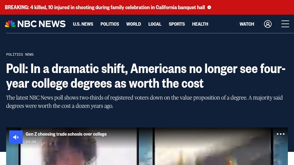 Screenshot of nbcnews.com: Americans no longer see four-year college degrees as worth the cost