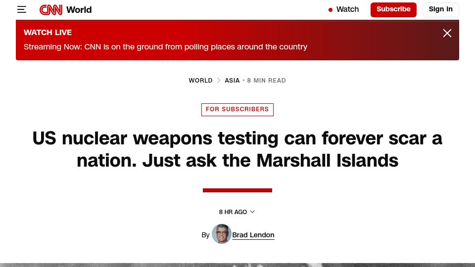 Screenshot of cnn.com: US nuclear weapons testing can forever scar a nation.Just ask Marshall Island
