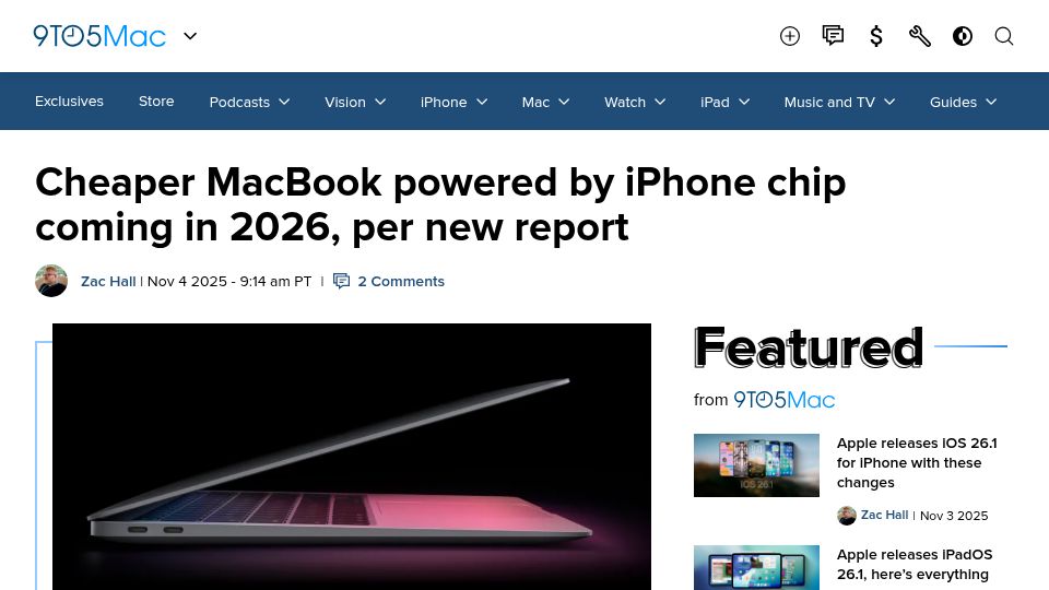 Screenshot of 9to5mac.com: Cheaper MacBook powered by iPhone chip coming in 2026, per new report