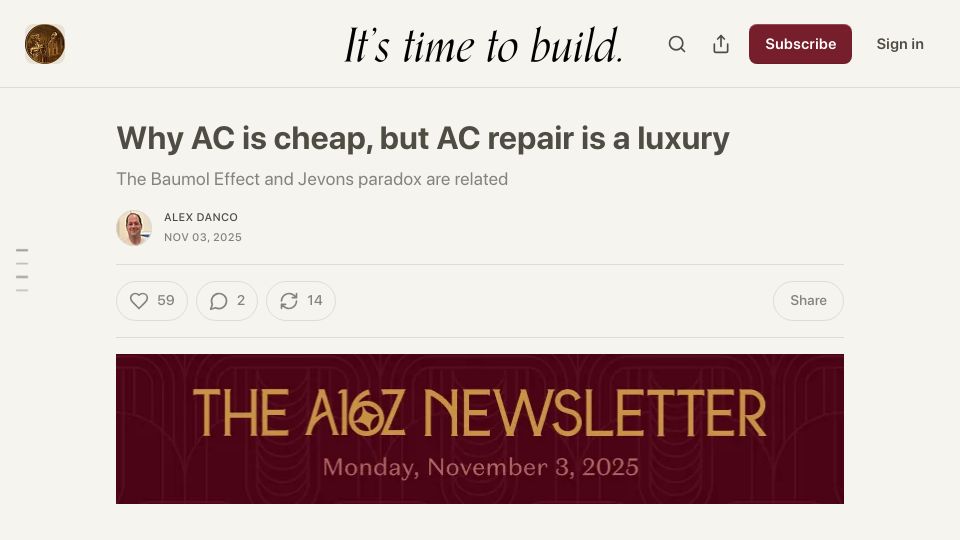 Screenshot of a16z.substack.com: Why AC is cheap, but AC repair is a luxury