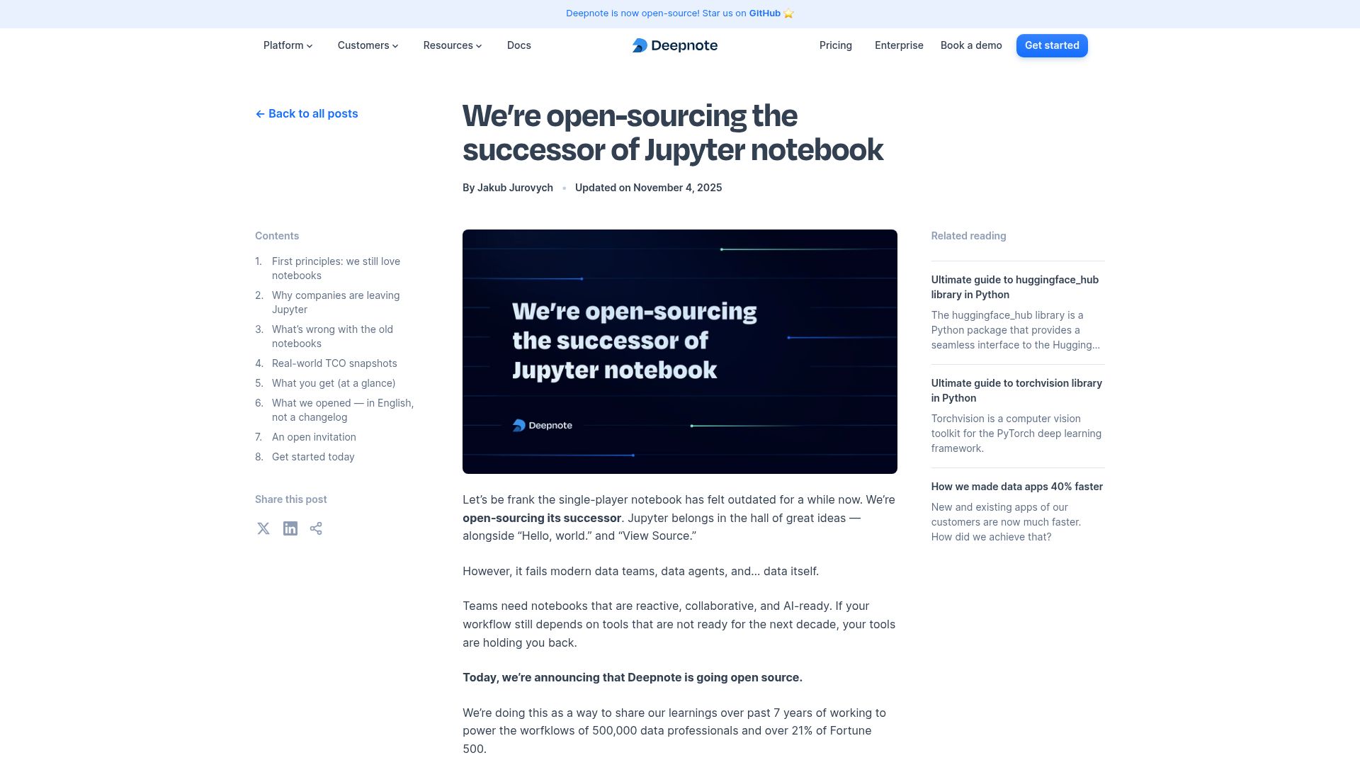 Screenshot of deepnote.com: We're open-sourcing the successor of Jupyter notebook
