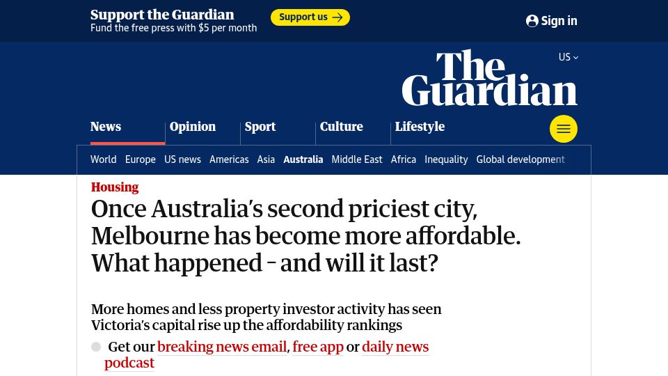 Screenshot of theguardian.com: Once Australia's second priciest city, Melbourne has become more affordable