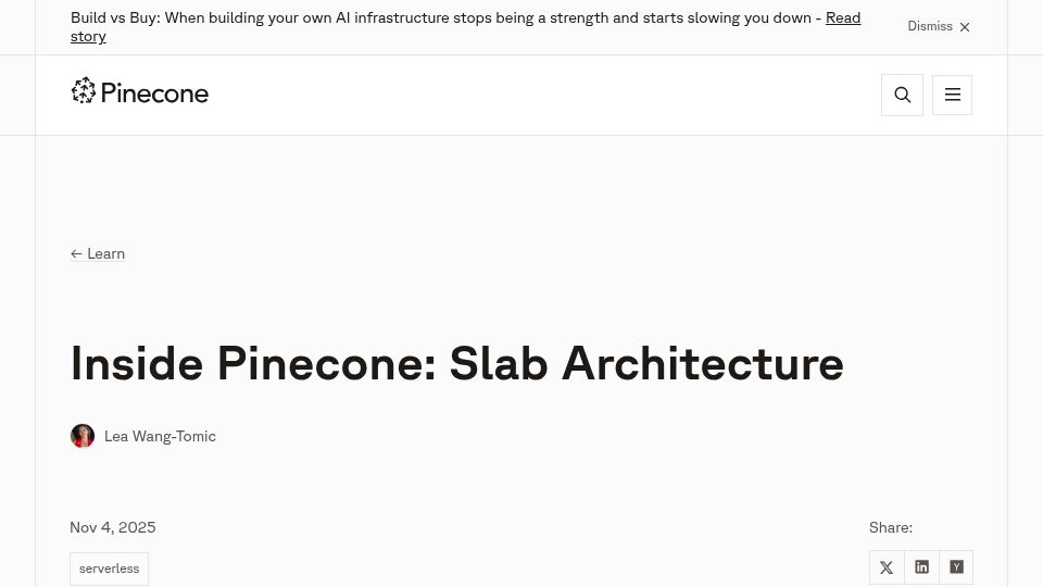 Screenshot of pinecone.io: Inside Pinecone: Slab Architecture