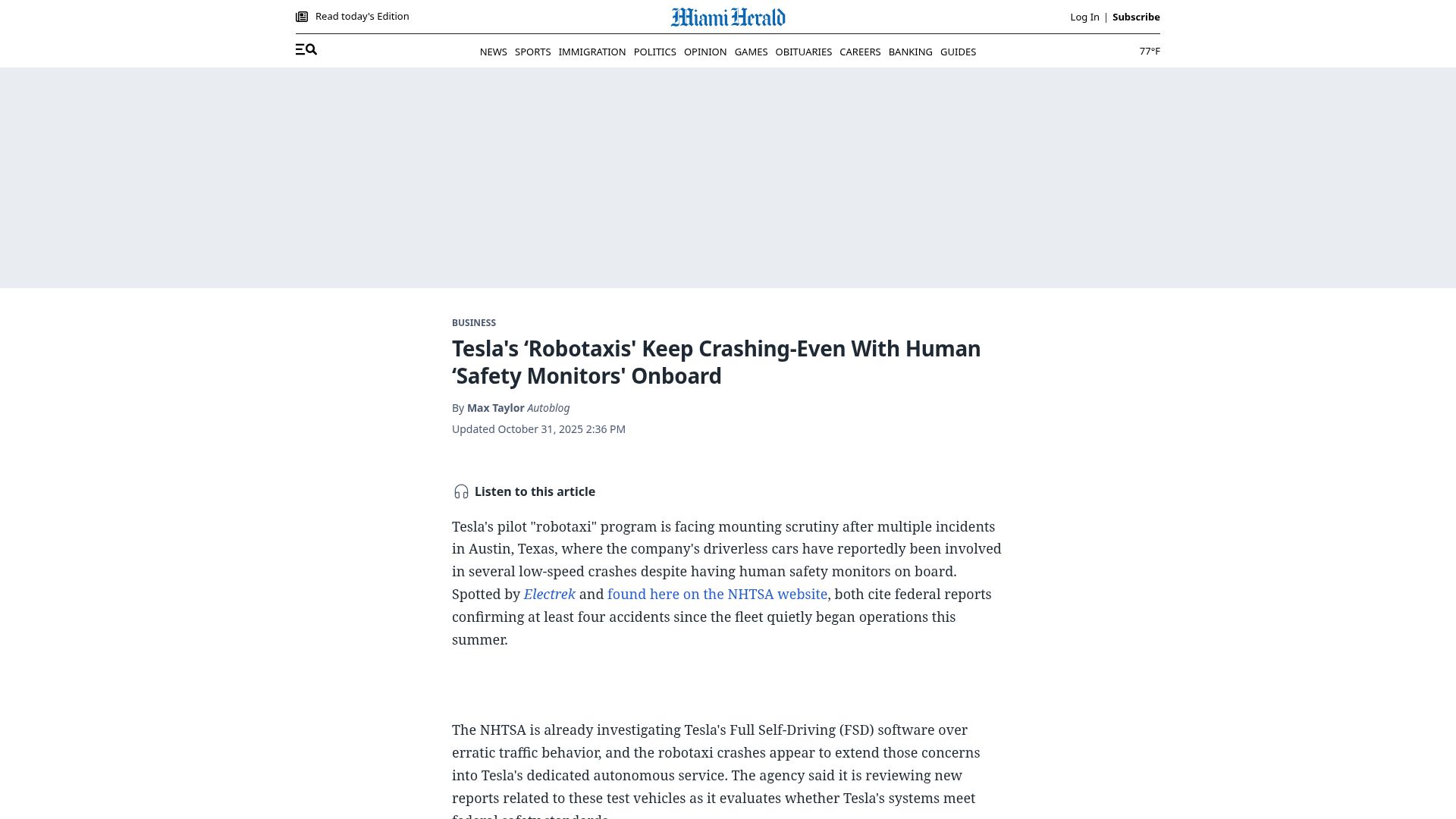 Screenshot of miamiherald.com: Tesla's ‘Robotaxis' Keep Crashing—Even With Human ‘Safety Monitors' Onboard