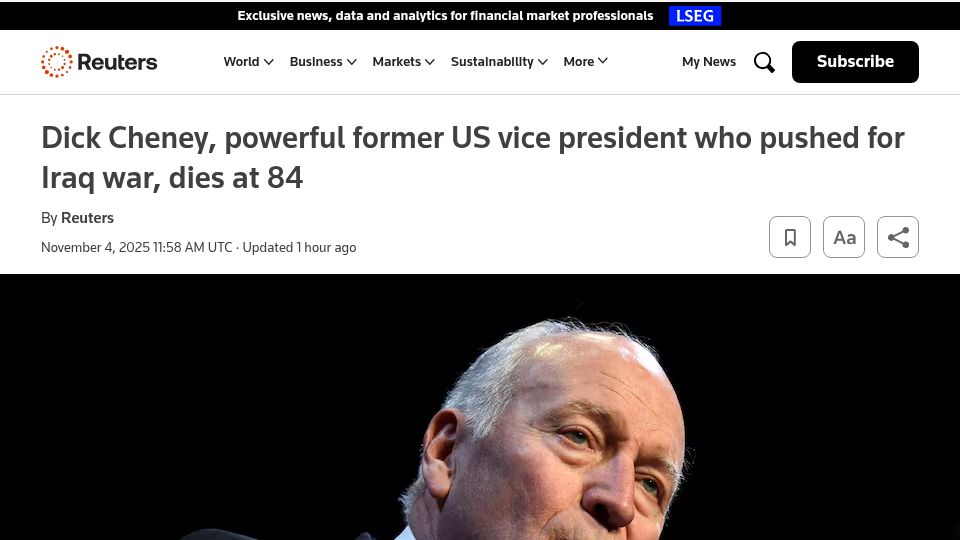 Screenshot of reuters.com: Former US Vice-President Cheney Dies