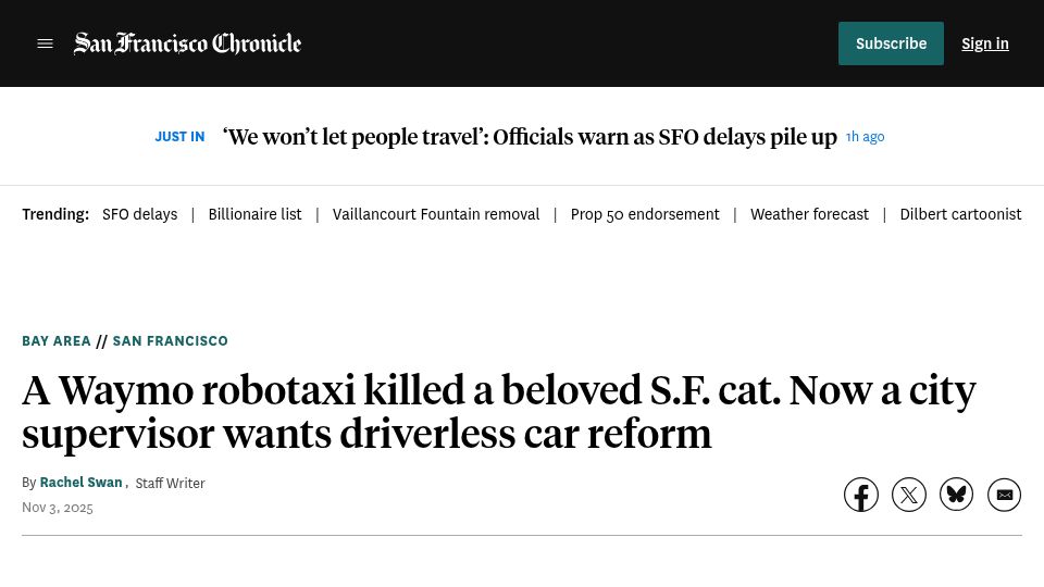 Screenshot of sfchronicle.com: A robotaxi killed a beloved SF cat; city supervisor wants driverless car reform