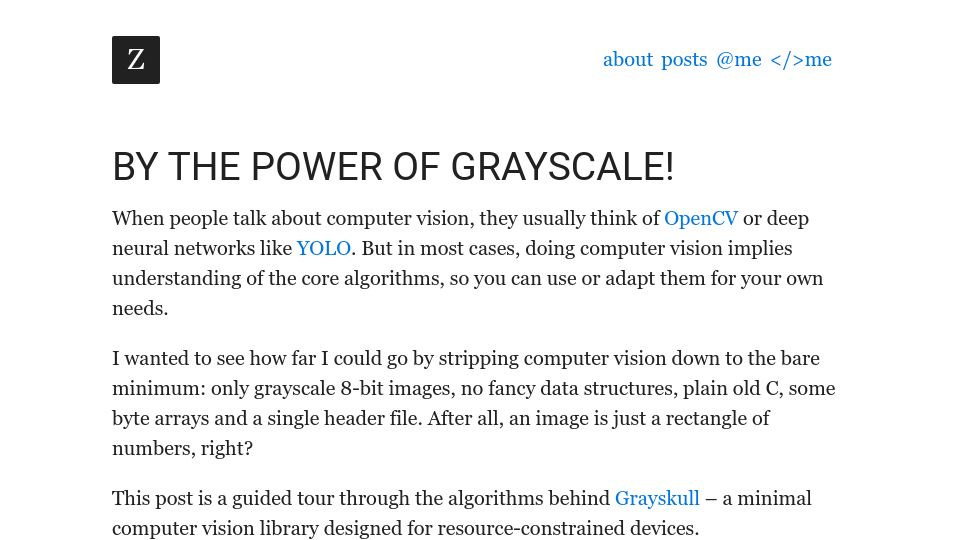 Screenshot of zserge.com: By the Power of Grayscale