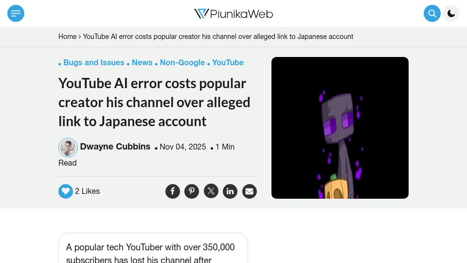 Screenshot of piunikaweb.com: YouTube AI error costs creator his channel over alleged link to Japanese account