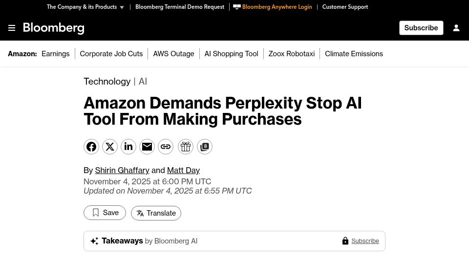 Screenshot of bloomberg.com: Amazon Demands Perplexity Stop AI Agent from Making Purchases