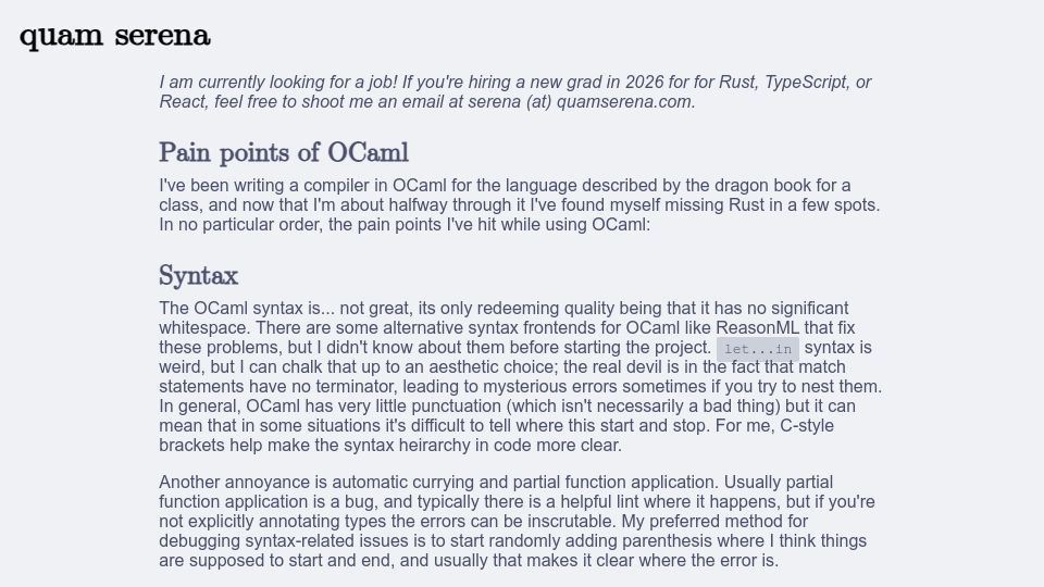 Screenshot of quamserena.com: Pain Points of OCaml