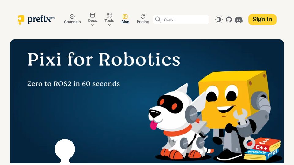 Screenshot of prefix.dev: Pixi: Reproducible Package Management for Robotics