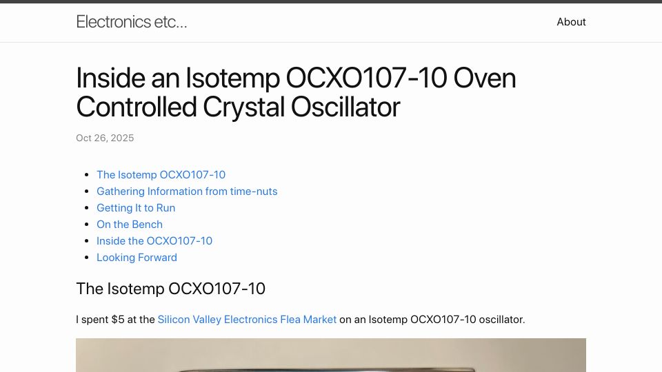 Screenshot of tomverbeure.github.io: Inside an Isotemp OCXO107-10 Oven Controlled Crystal Oscillator
