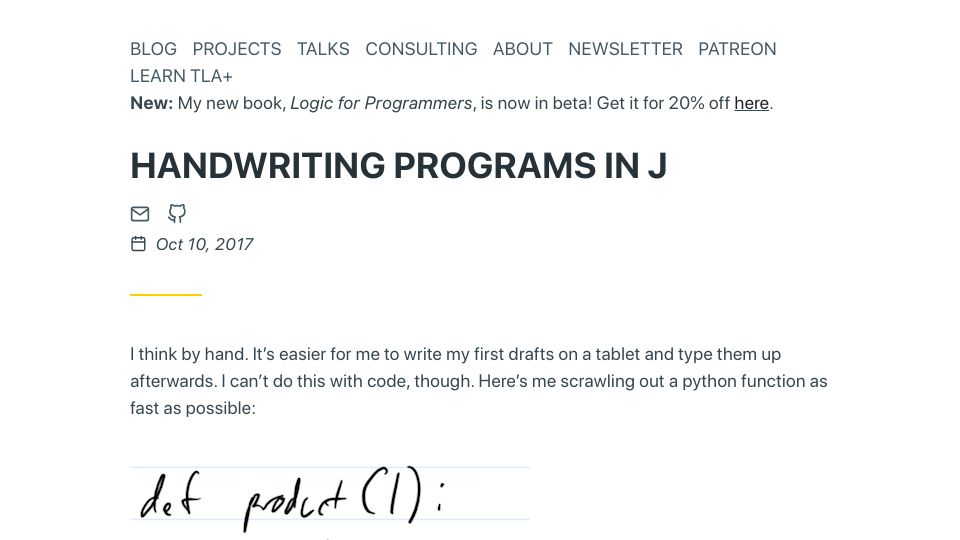 Screenshot of hillelwayne.com: Handwriting Programs in J (2017)