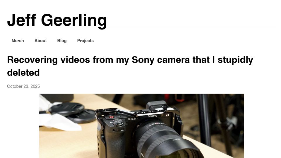 Screenshot of jeffgeerling.com: Recovering videos from my Sony camera that I stupidly deleted