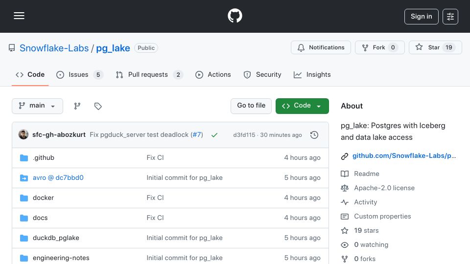 Screenshot of github.com: Pg_lake: Postgres with Iceberg and data lake access