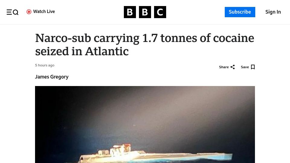 Screenshot of bbc.com: Narco-sub carrying 1.7 tonnes of cocaine seized in Atlantic