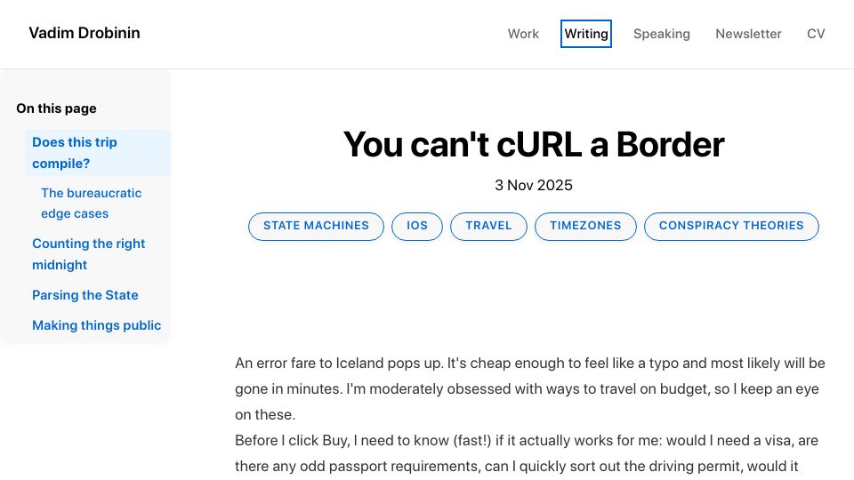 Screenshot of drobinin.com: You can't cURL a Border