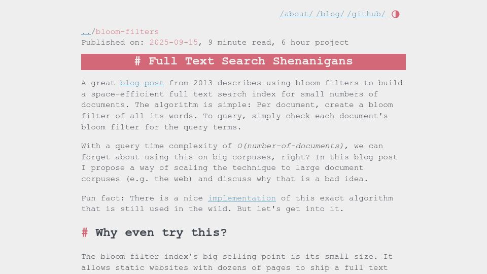 Screenshot of notpeerreviewed.com: Bloom filters are good for search that does not scale