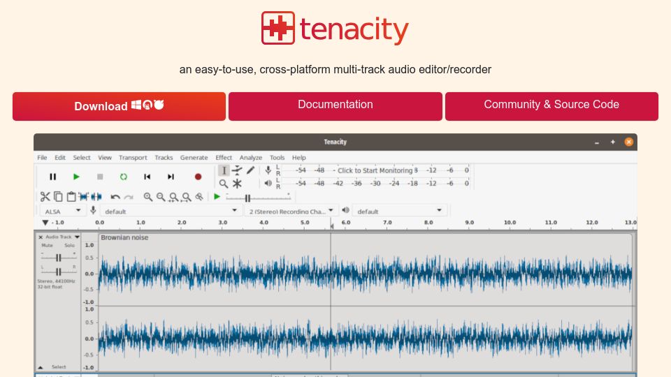 Screenshot of tenacityaudio.org: Tenacity – a multi-track audio editor/recorder