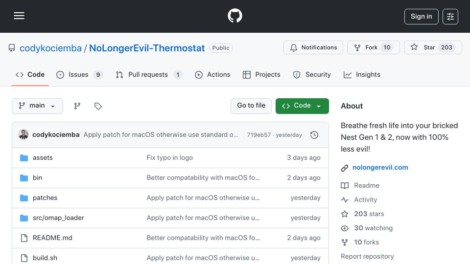 Screenshot of github.com: NoLongerEvil-Thermostat – Nest Generation 1 and 2 Firmware