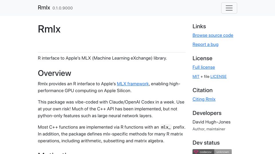 Screenshot of hughjonesd.github.io: R interface to Apple's MLX library