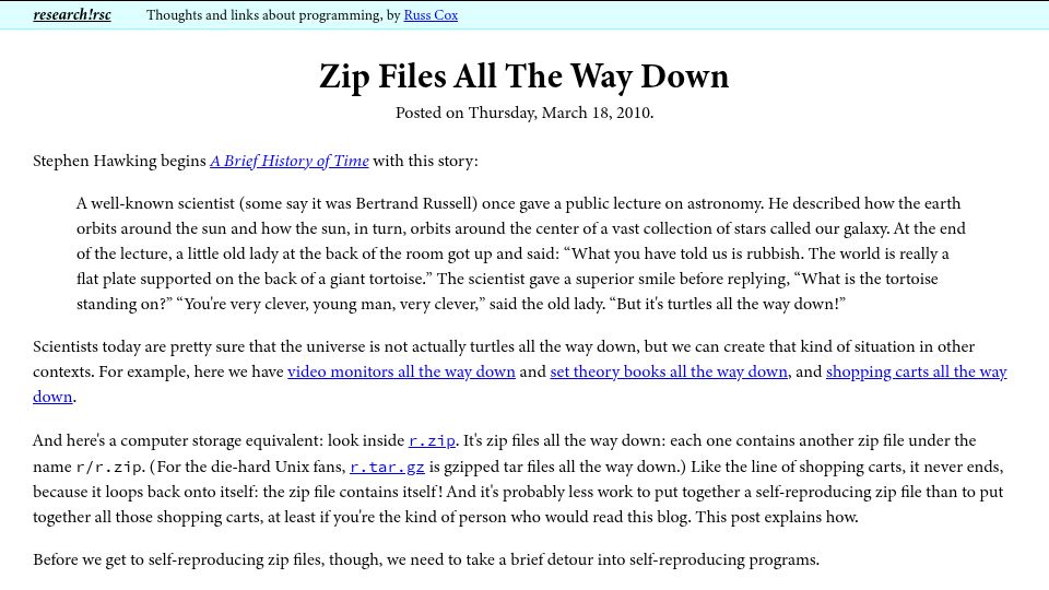 Screenshot of research.swtch.com: Zip Files All the Way Down (2010)