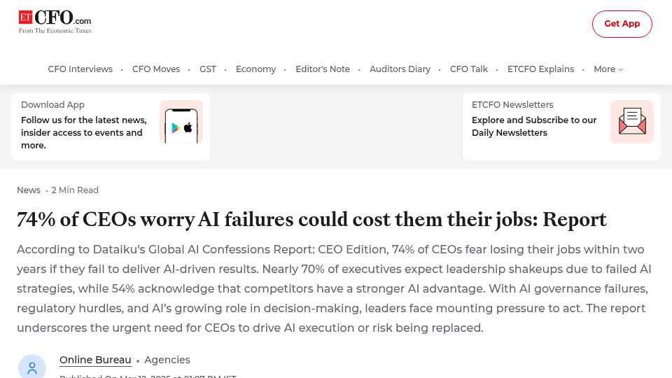 Screenshot of cfo.economictimes.indiatimes.com: 74% of CEOs worry AI failures could cost them their jobs