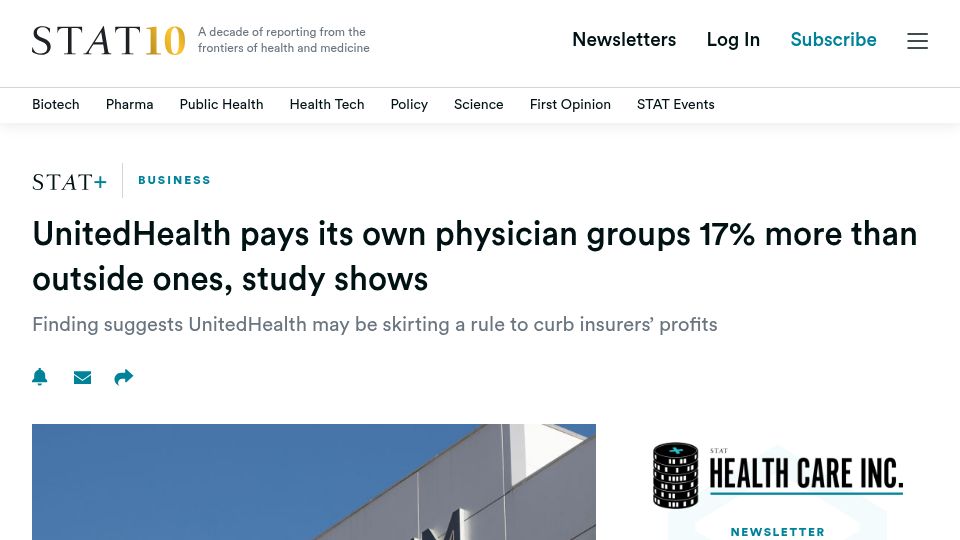 Screenshot of statnews.com: UnitedHealth pays its own physician groups 17% more than outside ones