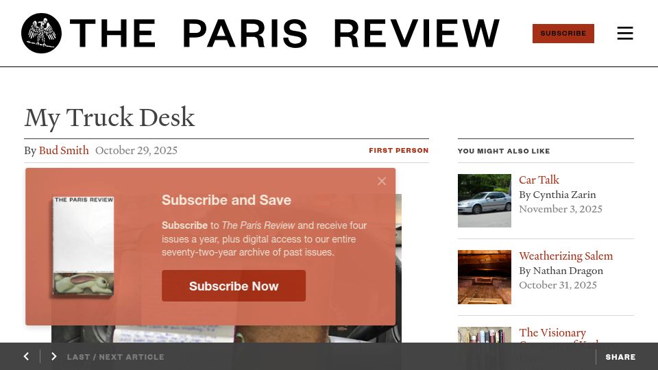Screenshot of theparisreview.org: My Truck Desk