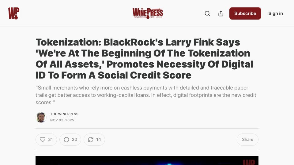 Screenshot of thewinepress.substack.com: BlackRock's Larry Fink: "Tokenization", Digital IDs, & Social Credit