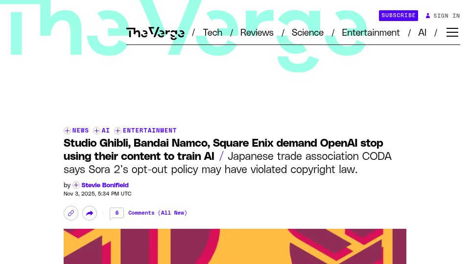 Screenshot of theverge.com: Studio Ghibli, Bandai Namco, Square Enix Demand OpenAI to Stop Using Their IP