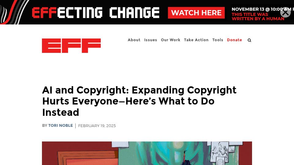 Screenshot of eff.org: AI and Copyright: Expanding copyright hurts everyone