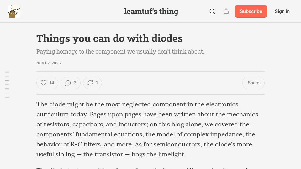 Screenshot of lcamtuf.substack.com: Things you can do with diodes
