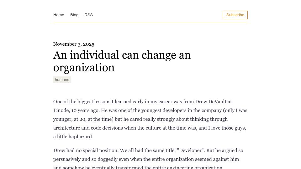 Screenshot of notes.eatonphil.com: An individual can change an organization