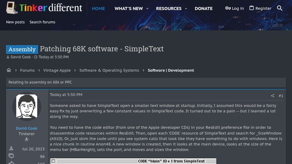 Screenshot of tinkerdifferent.com: Patching 68K Software – SimpleText