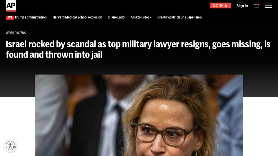 Screenshot of apnews.com: Israels top military lawyer resigns, goes missing, is found and thrown into jail