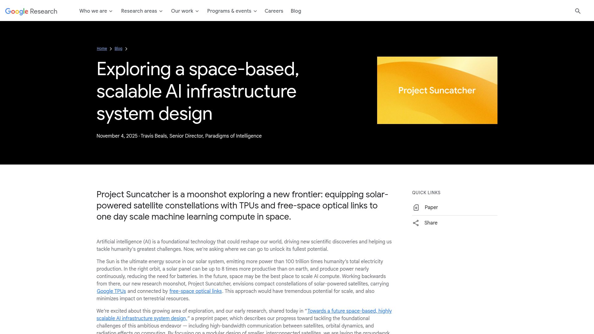 Screenshot of research.google: Exploring a space-based, scalable AI infrastructure system design