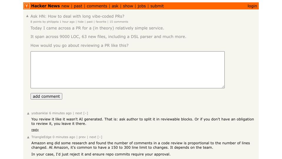 Screenshot of Hacker News post: Ask HN: How to deal with long vibe-coded PRs?