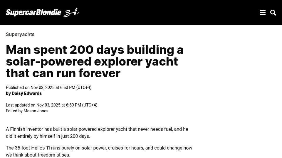 Screenshot of supercarblondie.com: Man spent 200 days building a solar-powered explorer yacht that can run forever