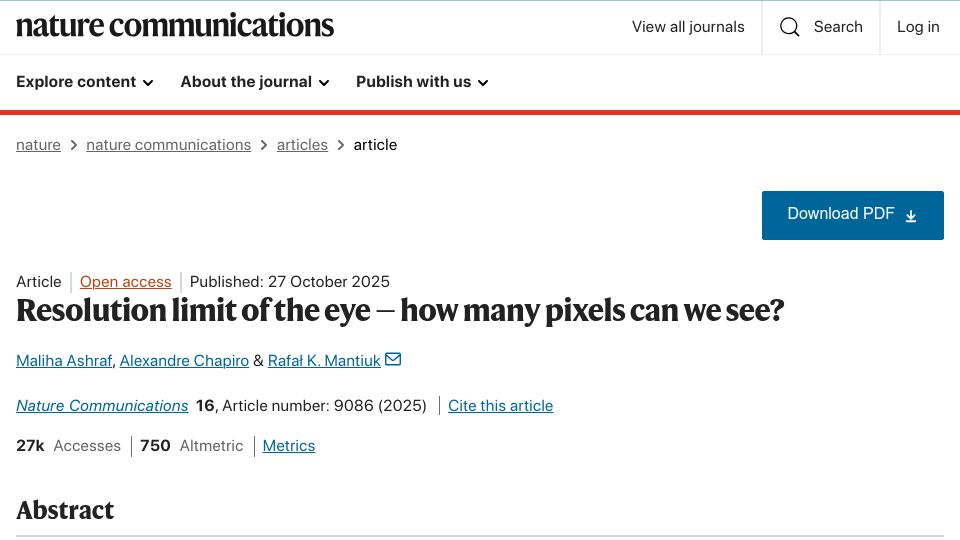 Screenshot of nature.com: Resolution limit of the eye – how many pixels can we see?